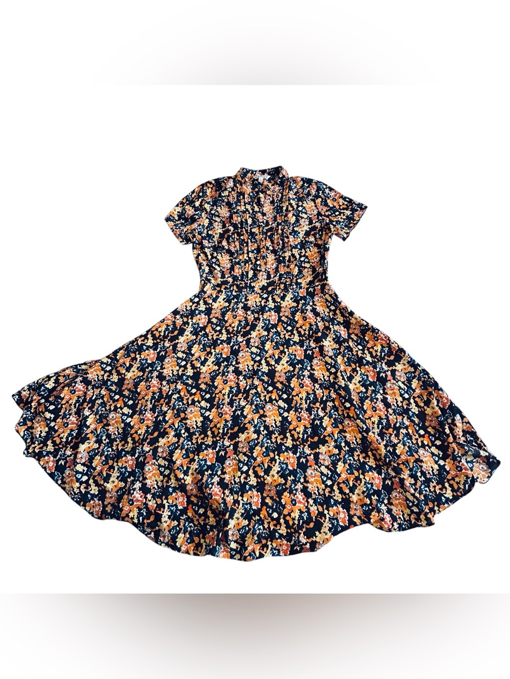 Nanette Lepore Navy Midi Dress with Orange and Cream Floral Print